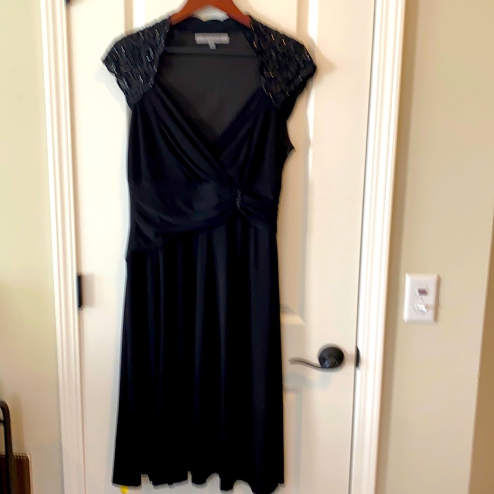 Anne Klein LDB with cap sleeve beading and ruched waist with sparkle pin accent